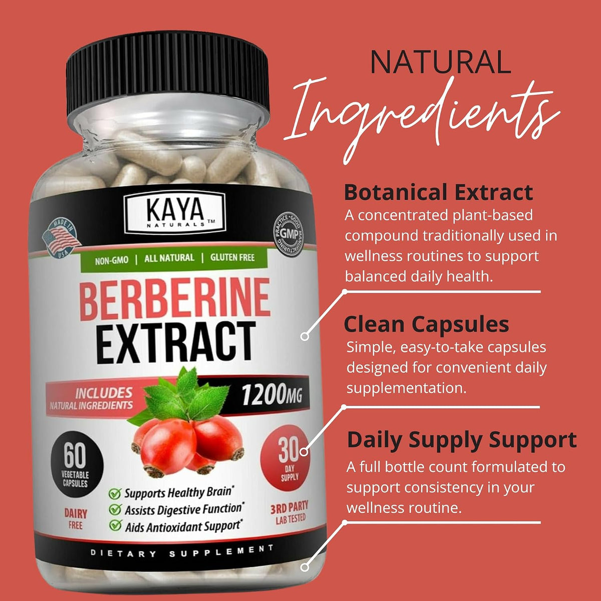 Kaya Naturals Berberine HCL Extract 1200mg - Immune System Support, Gluco Levels, Gut Health - Vegetarian, Non-GM & Gluten-Free (60 Capsules) - görsel 5