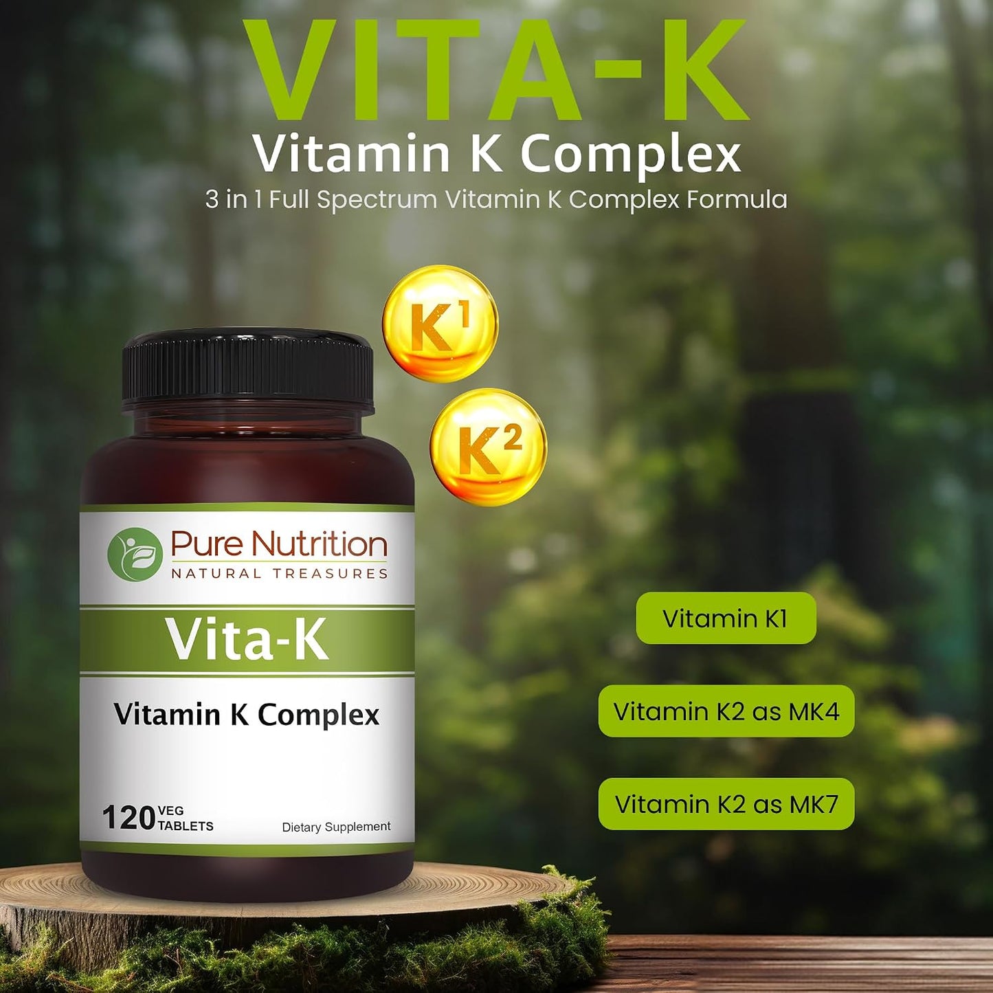 Pure Nutrition Vitamin K Complex K1 + K2, 2250 mcg, 120 Veg Tablets - görsel 2