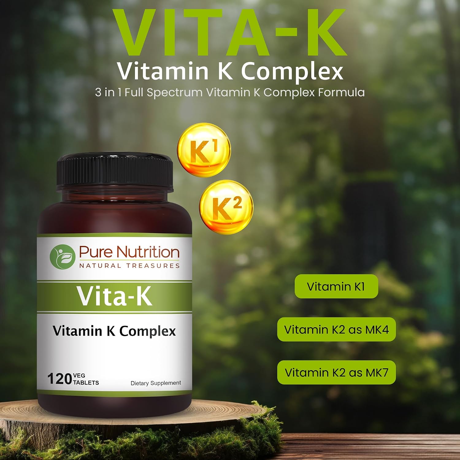 Pure Nutrition Vitamin K Complex K1 + K2, 2250 mcg, 120 Veg Tablets - görsel 2