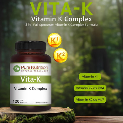 Pure Nutrition Vitamin K Complex K1 + K2, 2250 mcg, 120 Veg Tablets