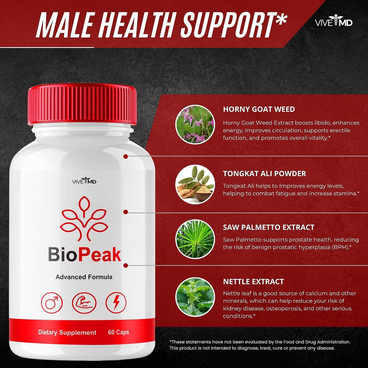 VIVE MD BioPeak Capsules - All-Natural Food Supplement for Maximum Strength and Vitality (2 Pack) - görsel 8