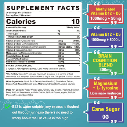 Focus Memory & Energy Gummies - L-Tyrosine + Methyl B12 1000 µg, B6 50mg, D3 C, Lion's Mane Mushroom - Sugar Free