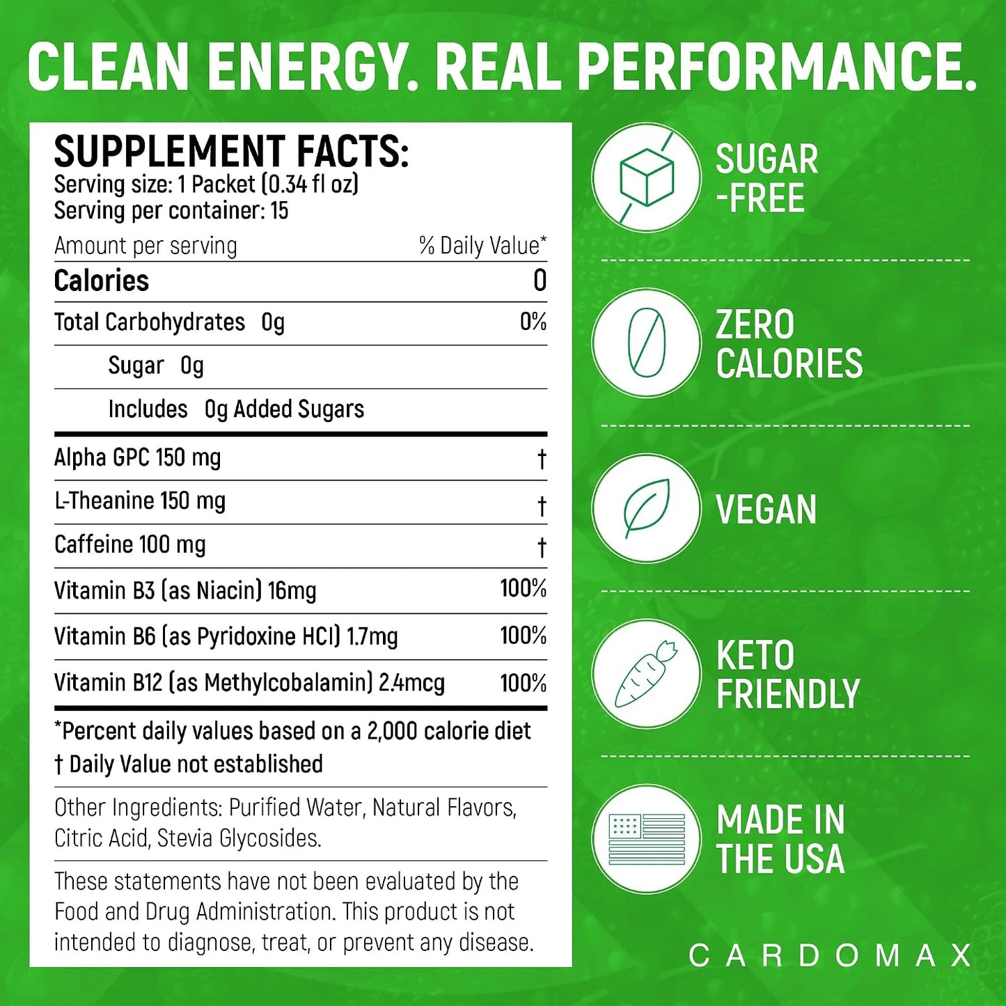 CardoMax Max Clarity Liquid Nootropic Supplement – Brain Supplement for Memory and Focus with Alpha GPC, L-Theanine & Caffeine – 15 Stick Packs – Mixed Berry - görsel 2