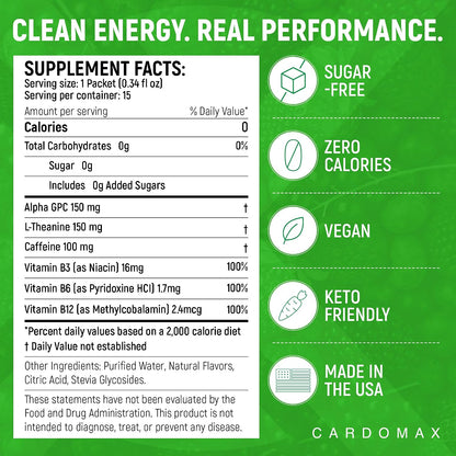 CardoMax Max Clarity Liquid Nootropic Supplement – Brain Supplement for Memory and Focus with Alpha GPC, L-Theanine & Caffeine – 15 Stick Packs – Mixed Berry