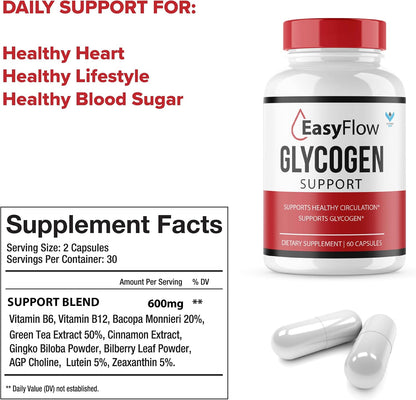 Easy Flow Glycogen Support - Maximum Strength Supplement (Pack of 2, 120 Capsules)