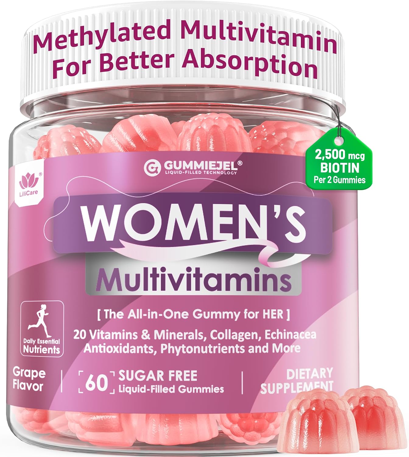 LILICARE Women's Multivitamin Gummies – Methylated Multivitamin with Biotin, Iron, Collagen, Methylfolate, B Complex, Hair, Skin and Nails Support, No Added Sugar, 60 Count - görsel 1