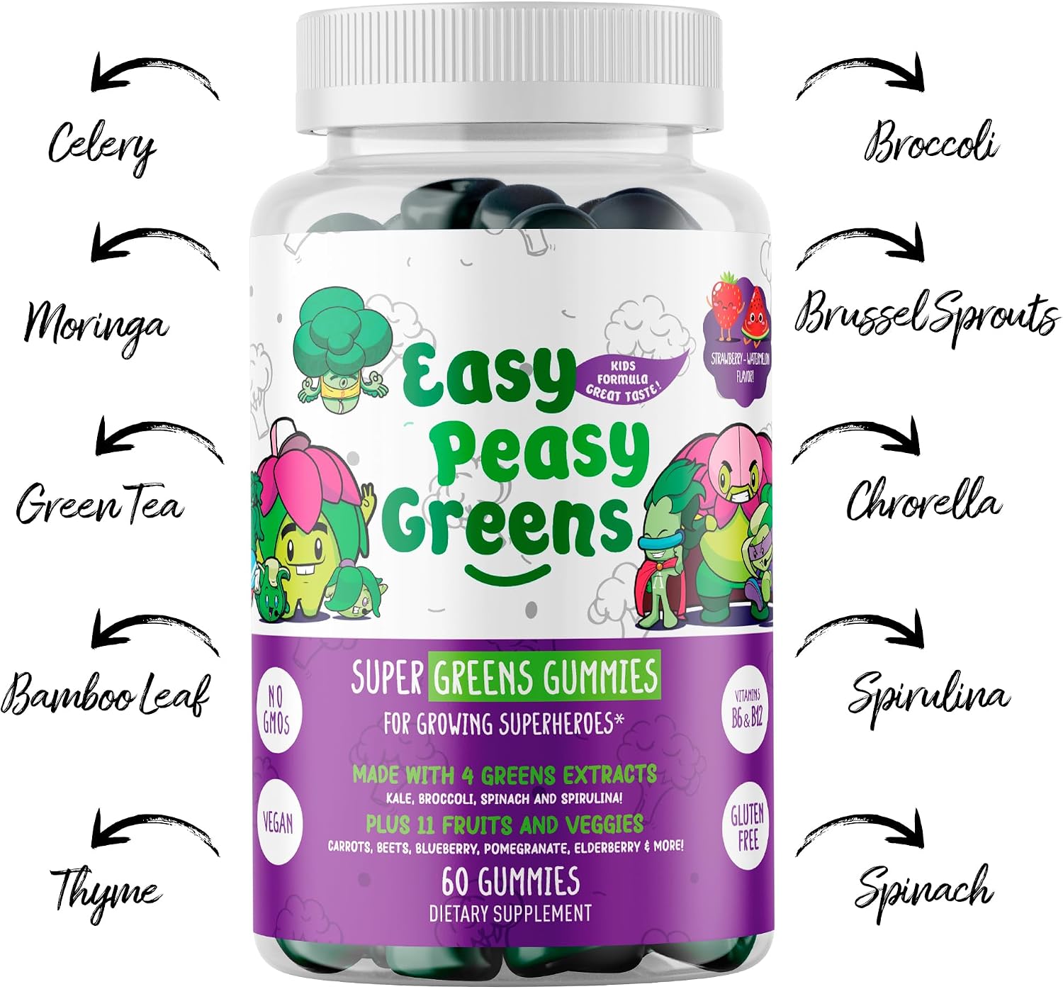EasyPeasyGreens Daily Veggie Gummies for Kids - 60 Greens Gummies - Vegan Multivitamin with 10 Real Vegetable Extracts - görsel 3