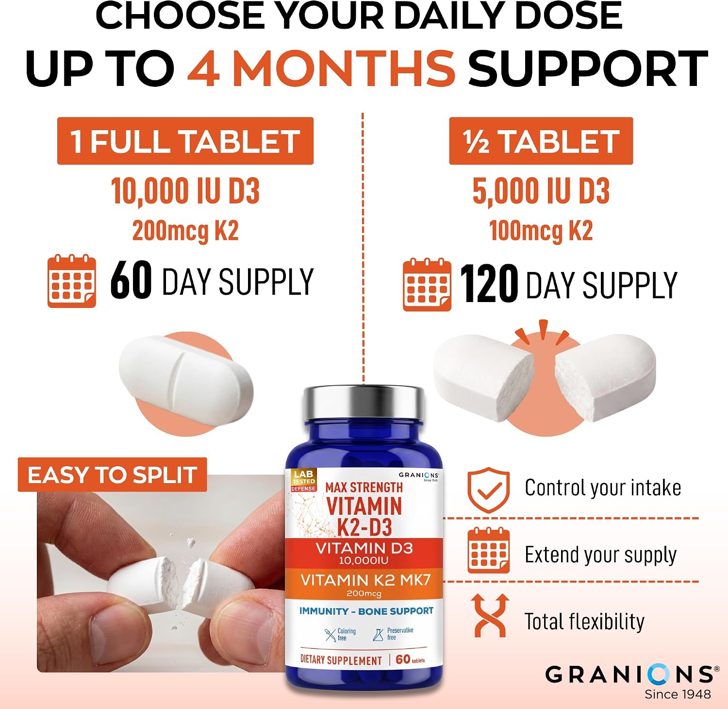 Granions Max Strength Vitamin D3 K2 Supplement - 10,000 IU D3 + 200mcg MK-7 Vitamin K2, 60 Tablets - görsel 4