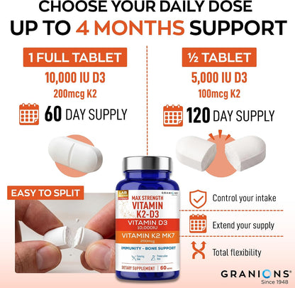 Granions Max Strength Vitamin D3 K2 Supplement - 10,000 IU D3 + 200mcg MK-7 Vitamin K2, 60 Tablets