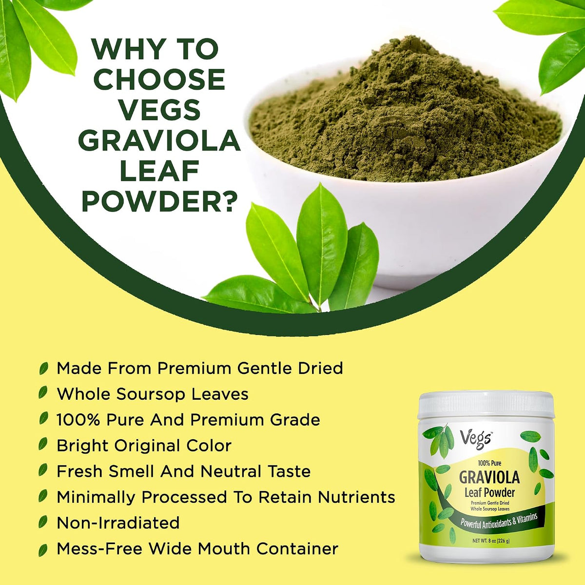 Vegs Organic Graviola Soursop Leaf Powder - Single Origin, True Green, 227 g - görsel 4