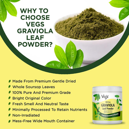 Vegs Organic Graviola Soursop Leaf Powder - Single Origin, True Green, 227 g