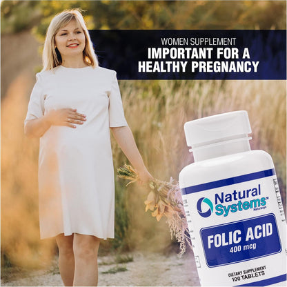 Folic Acid Supplement 100 Tablets 400 mcg by Natural Systems - Antenatal Vitamin for Women - Pregnancy Support Tablets - Daily Intake Folate