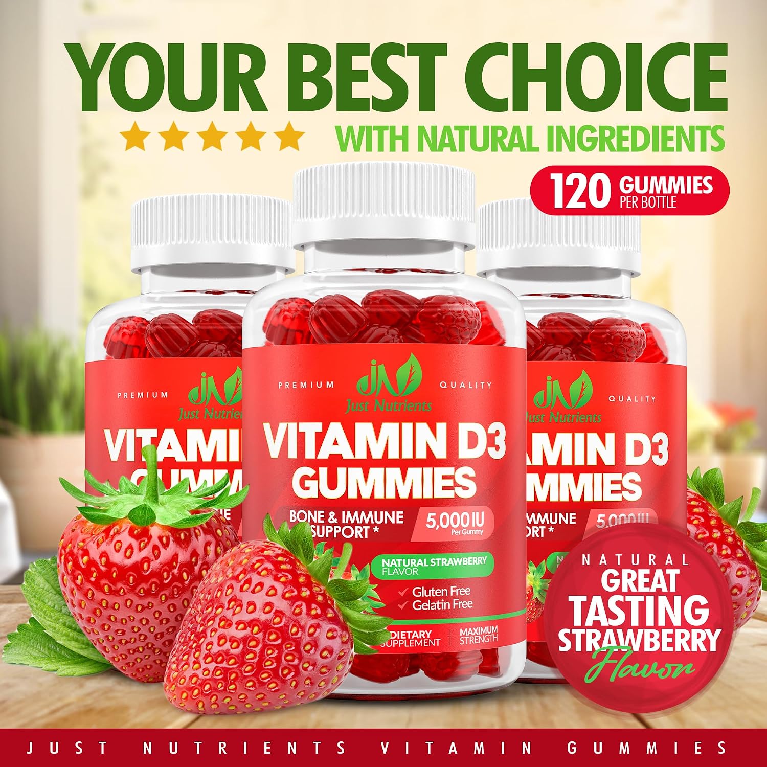 Vitamin D3 5000 IU Gummies for Adults & Kids - Immune System Support, Bones & Teeth - 120 Count - görsel 4