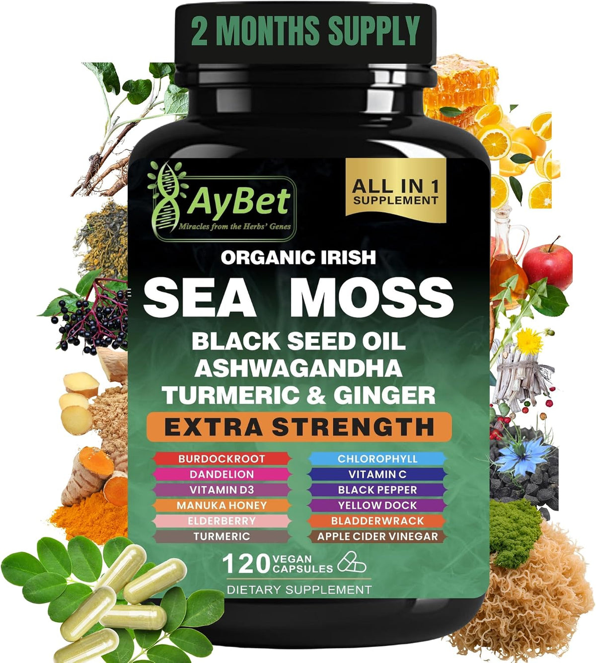Organic Irish Sea Moss Capsules 120 Count – 16 in 1 Sea Moss Supplement with Black Seed Oil, Ashwagandha, Turmeric & Ginger, Bladderwrack & Burdock Root, Vitamin D3 – Organic, Vegan, Halal, Non-GMO - görsel 1