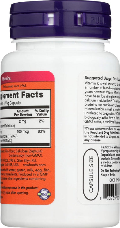 NOW Foods MK-7 Vitamin K-2 100 mcg, 60 Vegan Capsules