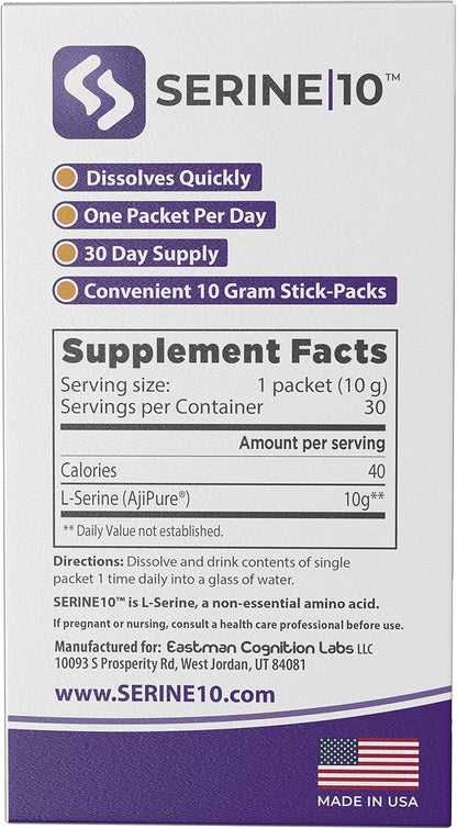 SERINE10 L-Serine Nootropics Sachets - 30 Premeasured Powder Sachets (10g each)