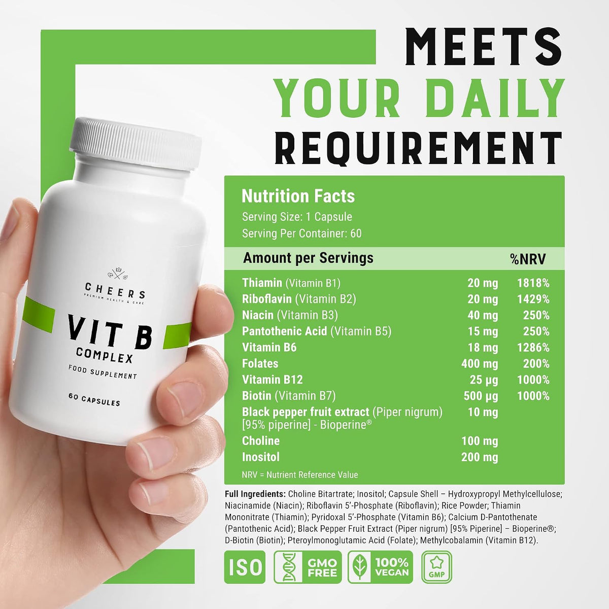 CHEERS Vitamin B Complex - 113.5mg Complete B Vitamins - Vegan, Non-GMO, DRcaps Plus - 60 Capsules - görsel 3