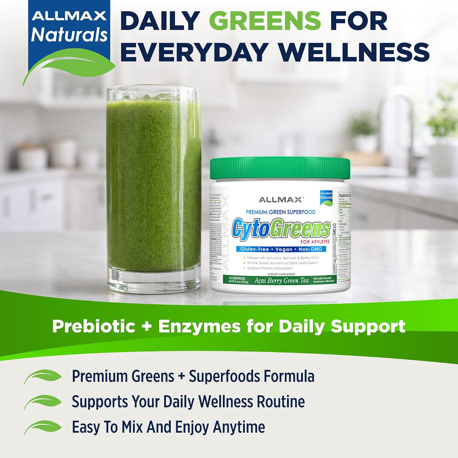 ALLMAX CytoGreens Super Greens Powder, Acai Berry Green Tea Flavour, 14 Servings - görsel 3