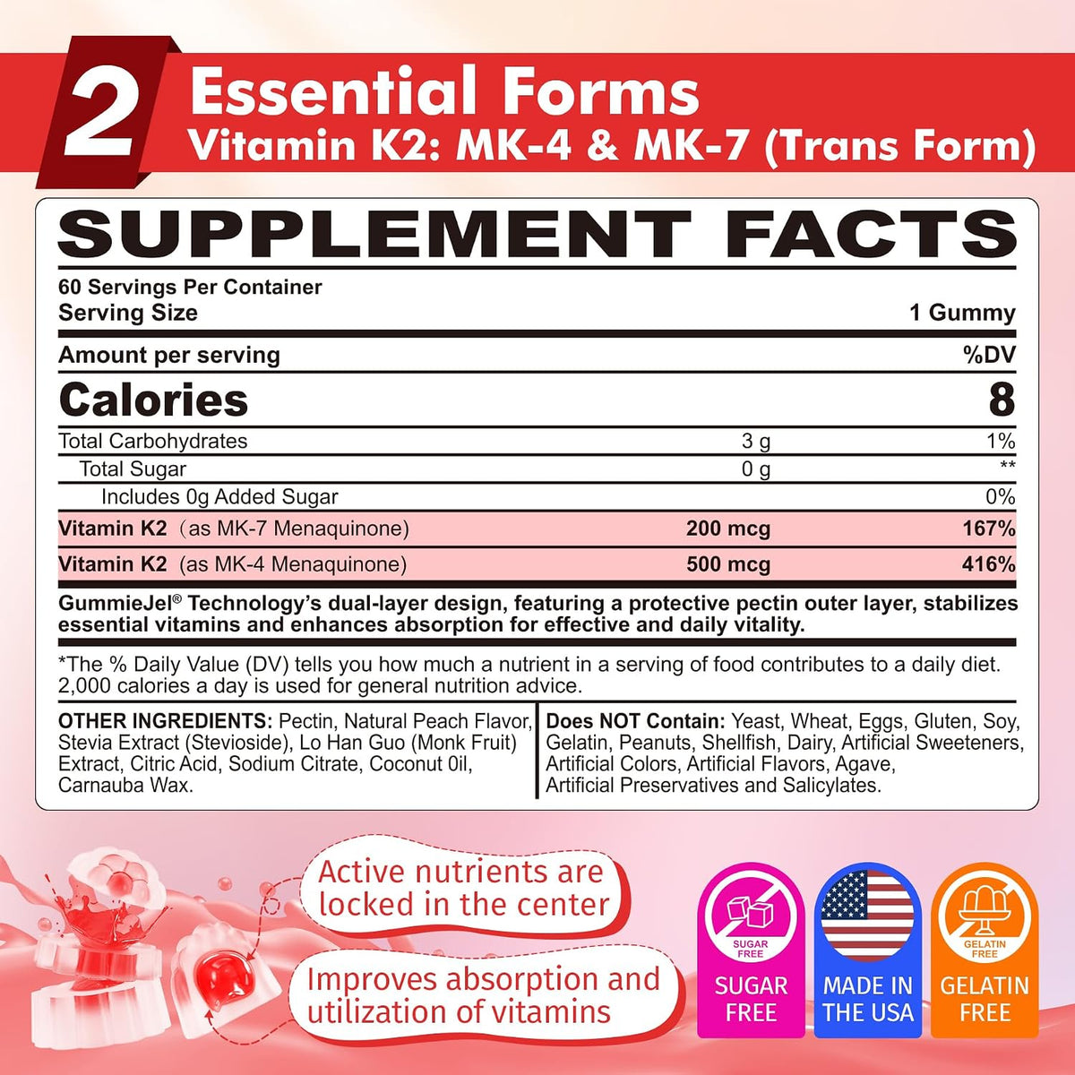 Vitamin K2 Gummies MK-7 200 mcg & MK-4 500 mcg - Sugar Free Full Spectrum, Pack of 2 - görsel 2