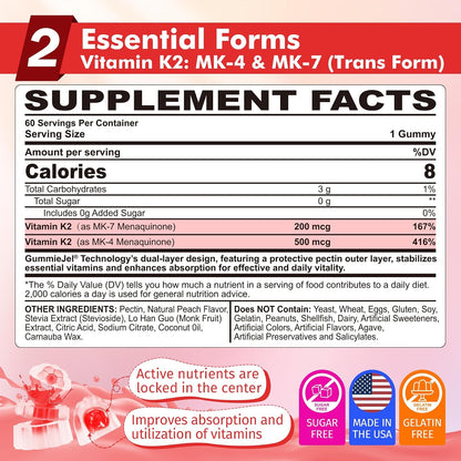 Vitamin K2 Gummies MK-7 200 mcg & MK-4 500 mcg - Sugar Free Full Spectrum, Pack of 2