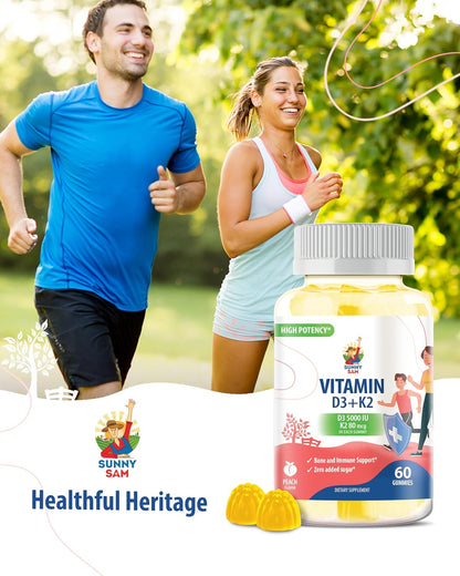 SUNNY SAM Sugar-Free Vitamin D3 K2 Gummies 5000 IU – Immune & Bone Support – 120 Count