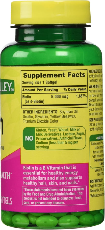 Spring Valley Biotin 5000 mcg Soft gel capsule Capsules, 240 Capsules