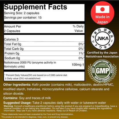Nattokinase 2,000 FU and Kefir Supplement – Patented Support for Cardiovascular and Circulatory System (30 Capsules)
