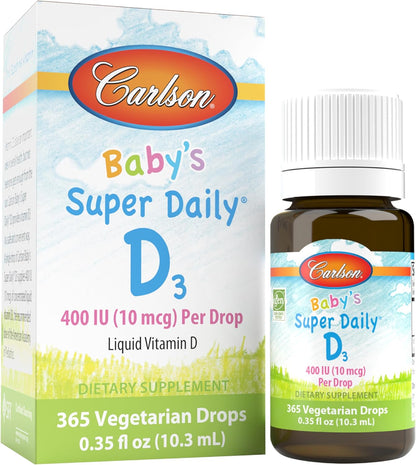Carlson Baby's Super Daily D3 - Baby Vitamin D Drops, 400 IU per Drop, 1-Year Supply, Unflavoured, 365 Drops