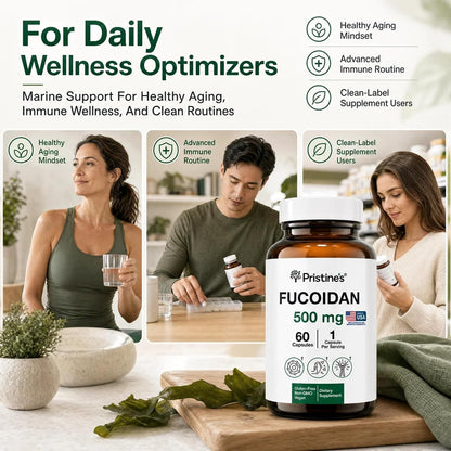 PRISTINE'S Fucoidan 500 mg Food Supplement Capsules – 60-Day Supply – Brown Seaweed Extract – Herbal Antioxidant for Respiratory and Skin Health Support