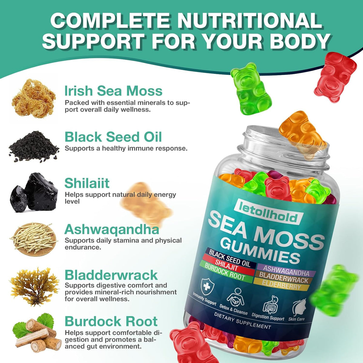 Sea Moss Gummies - Irish Sea Moss Gummies Advanced for Adults with Ashwagandha, Bladderwrack & Burdock Root - görsel 3
