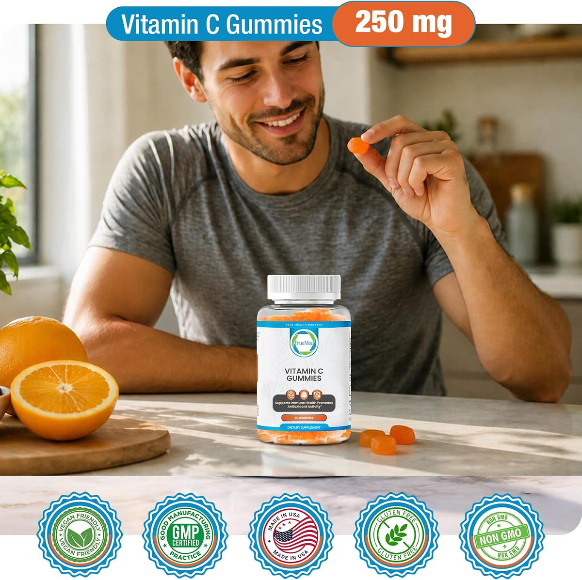 TRUEMED Chewable Vitamin C Gummies for Adults - 250mg with Zinc and Probiotics - Daily Immune Support - Non-GMO, Gluten-free - 60 Count - Made in USA - görsel 3