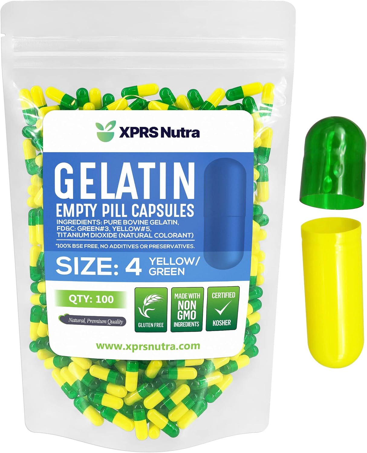 XPRS Nutra Size 4 Empty Gelatine Capsules – 100 Count (Green/Yellow) - görsel 1