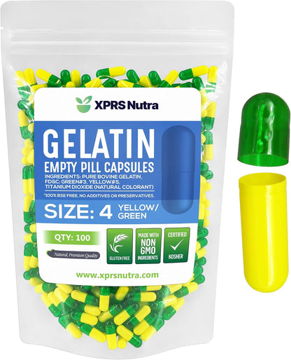 XPRS Nutra Size 4 Empty Gelatine Capsules – 100 Count (Green/Yellow)