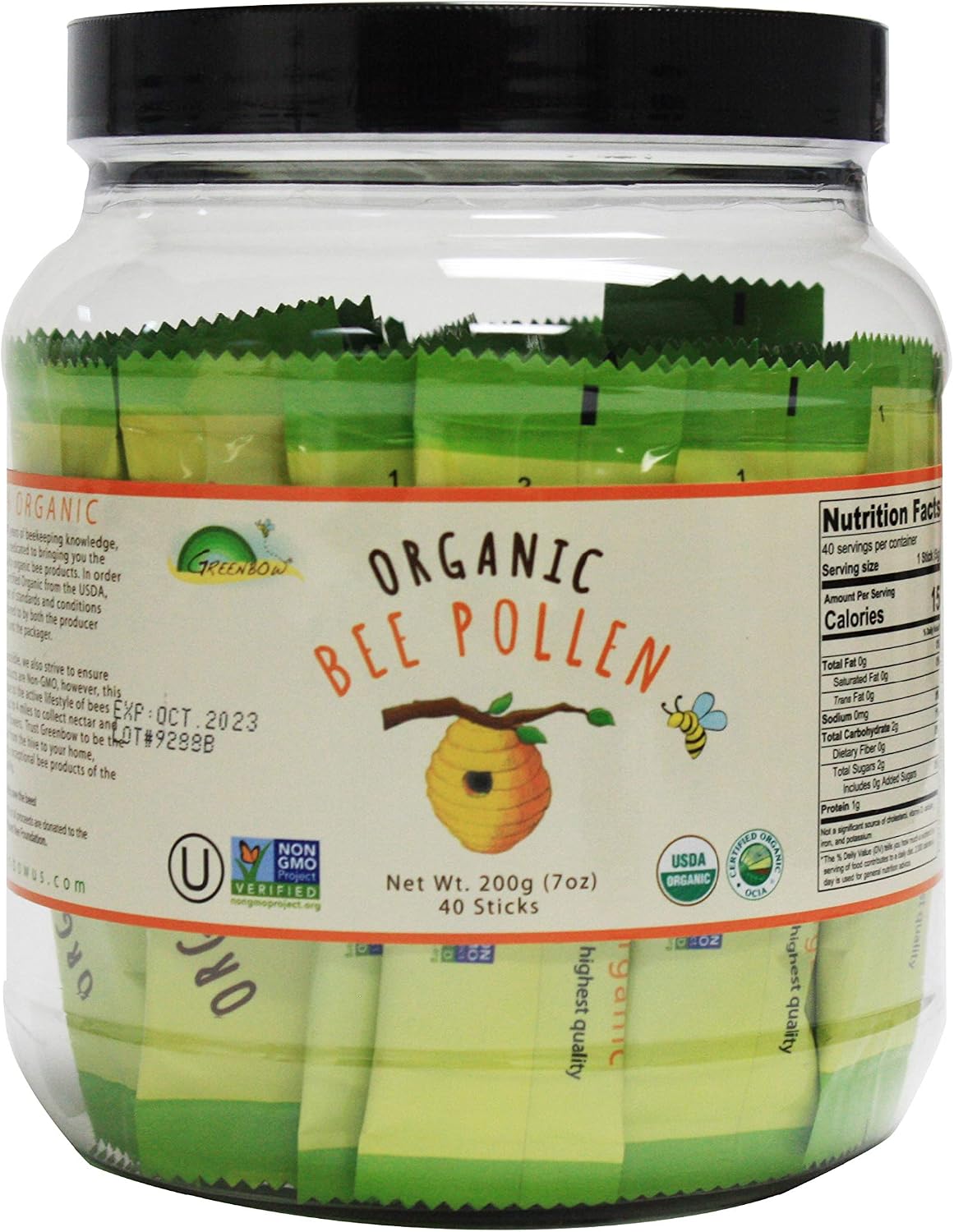 Greenbow Organic Bee Pollen - 100% Certified Organic, Non-GMO, Halal, Kosher, GMP, Pure & Natural Bee Pollen - Superfood Packed with Proteins, Vitamins & Minerals - Gluten-free (5g x 40 Sticks) - görsel 1