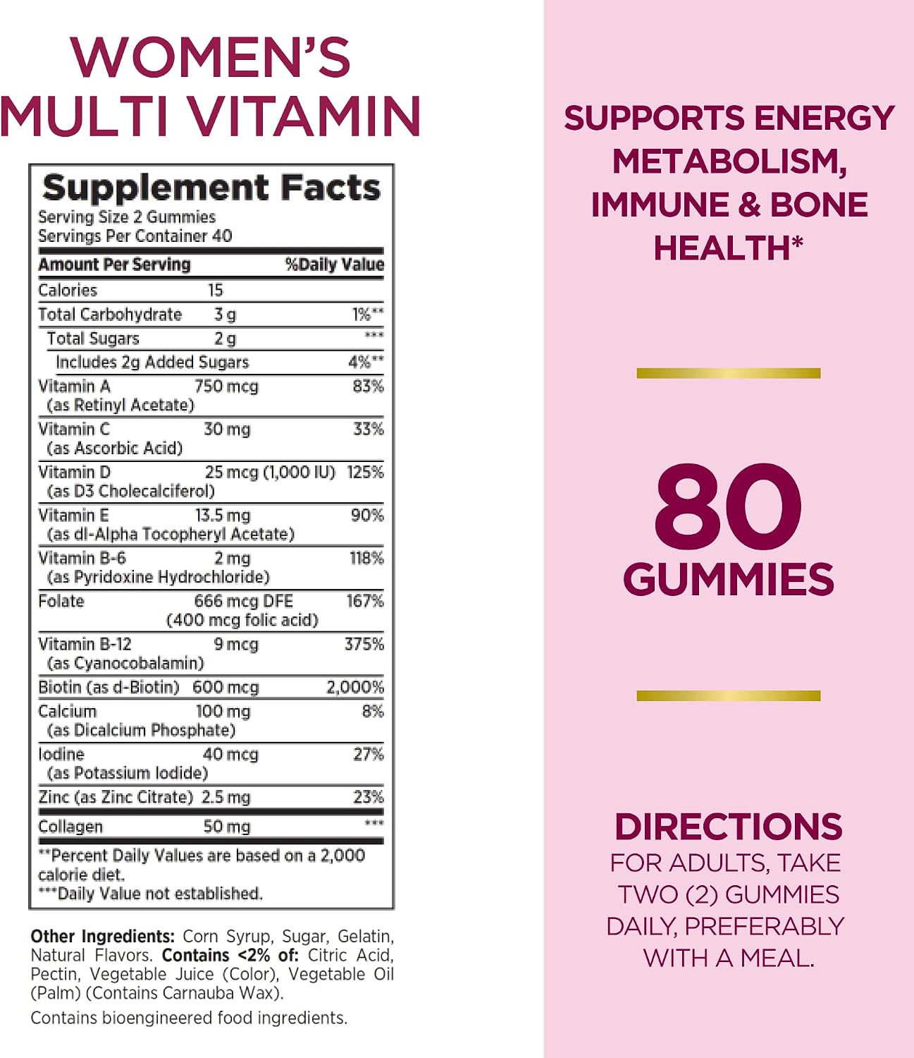 Nature's Bounty Optimal Solutions Women's Multivitamin Gummies for Immune Support, Energy Support, Bone Health, Raspberry Flavour, 80 Gummies (2 Pack) - görsel 3