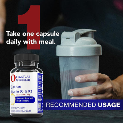 Quantum Nutrition Labs Vitamin D3 and K2 Supplement - 5000 IU, Vegan, Bone and Heart Health - 30 Capsules