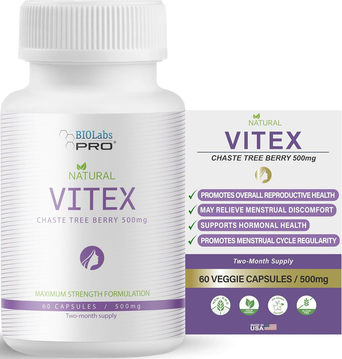 BIOLABS PRO Vitex Chasteberry Supplement - 500mg per Capsule, 60 Capsules (2-Month Supply) - görsel 1