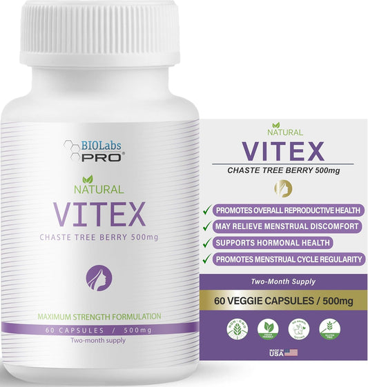 BIOLABS PRO Vitex Chasteberry Supplement - 500mg per Capsule, 60 Capsules (2-Month Supply)