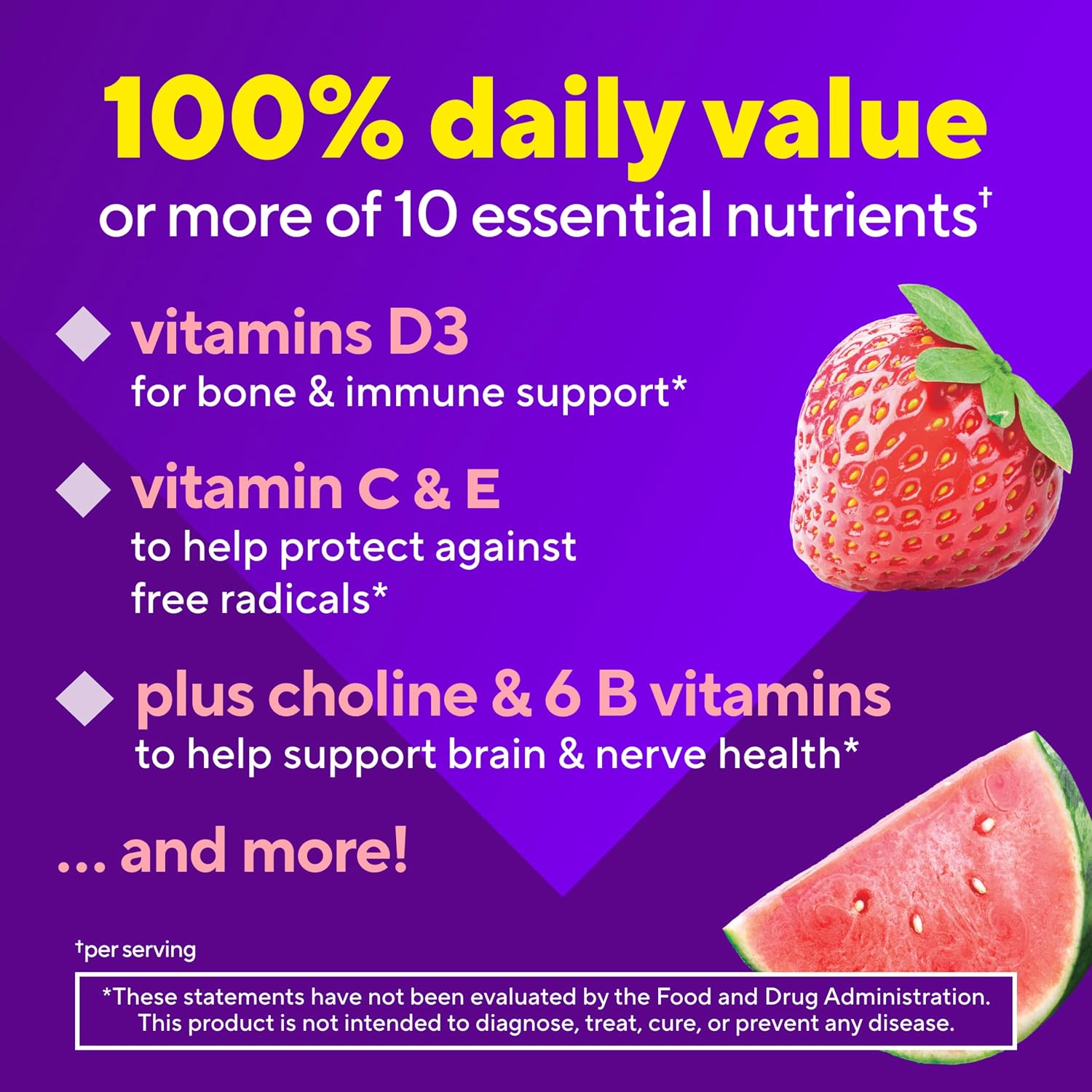 vitafusion Power Plus Women’s Multivitamin Gummies, 100% Nutrient Reference Value or More of 10 Nutrients, Helps Support Normal Energy Metabolism, Bone & Immune Health, Strawberry & Watermelon Flavour, 90 Gummies - görsel 5