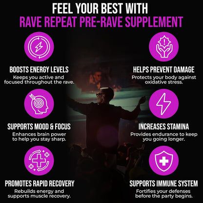 Pre-Rave Supplement - 5-HTP Free Rave Vitamins with CoQ10, Magnesium, Green Tea - Festival Essentials for Energy, Wellness & Jaw Support - 40 Capsules