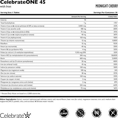 CelebrateONE 45 Bariatric Multivitamin with Iron – Once Daily Midnight Cherry Chewable for Gastric Sleeve & Bypass Patients – 45 mg Iron, 30 Tablets, 1 Month Supply