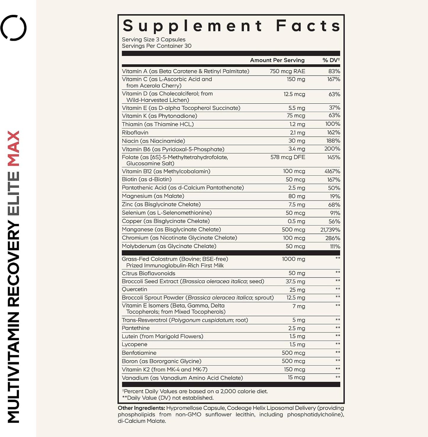 Codeage Multivitamin Recovery Elite Max Supplement - Vitamins A, C, D, E, B-Complex, Essential Minerals, Antioxidants, Colostrum, Phytonutrients, Pantethine, Non-GM, Sport Multivitamins - 90 Capsules - görsel 2