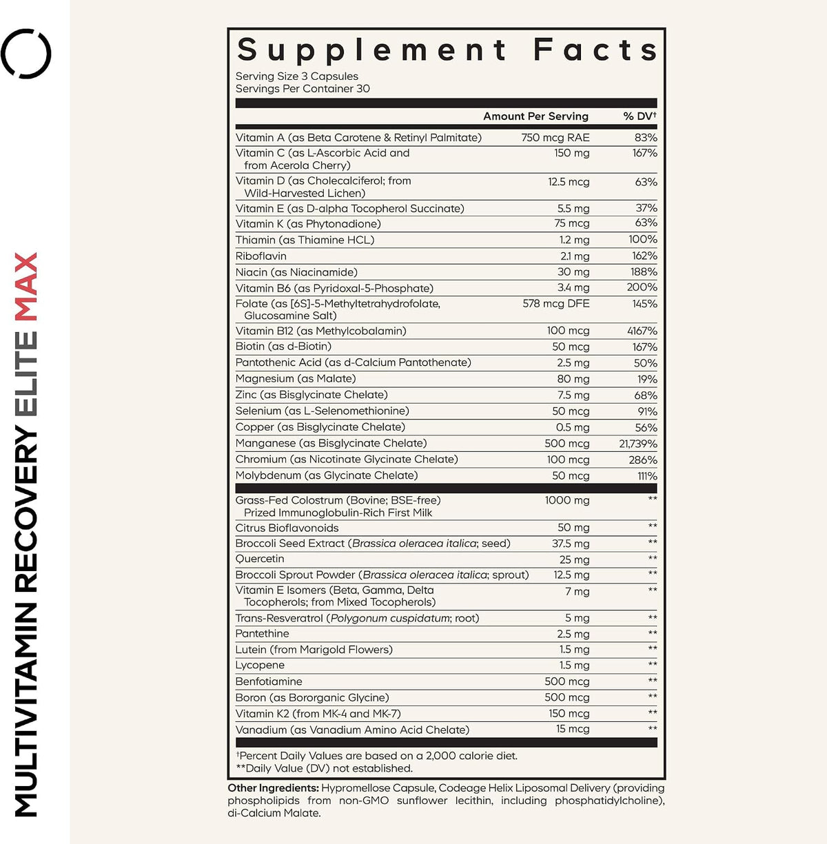 Codeage Multivitamin Recovery Elite Max Supplement - Vitamins A, C, D, E, B-Complex, Essential Minerals, Antioxidants, Colostrum, Phytonutrients, Pantethine, Non-GM, Sport Multivitamins - 90 Capsules - görsel 2