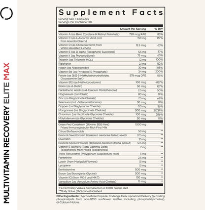 Codeage Multivitamin Recovery Elite Max Supplement - Vitamins A, C, D, E, B-Complex, Essential Minerals, Antioxidants, Colostrum, Phytonutrients, Pantethine, Non-GM, Sport Multivitamins - 90 Capsules