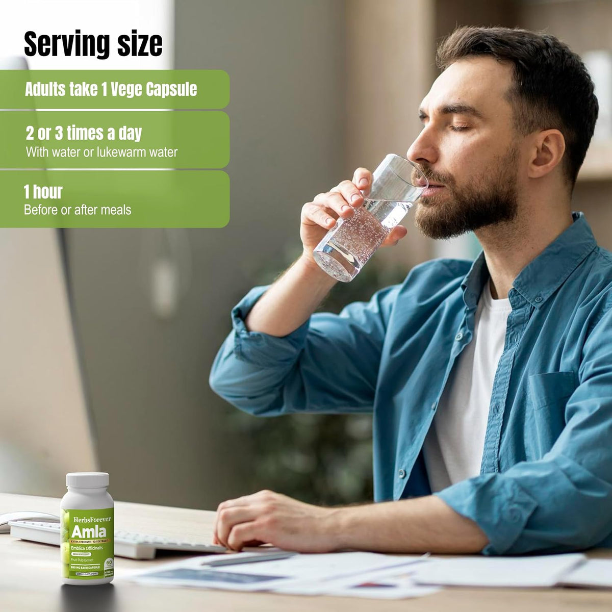 Herbsforever Amla (Indian Gooseberry) Powder - 950mg per Serving, 60 Veg Capsules - görsel 2