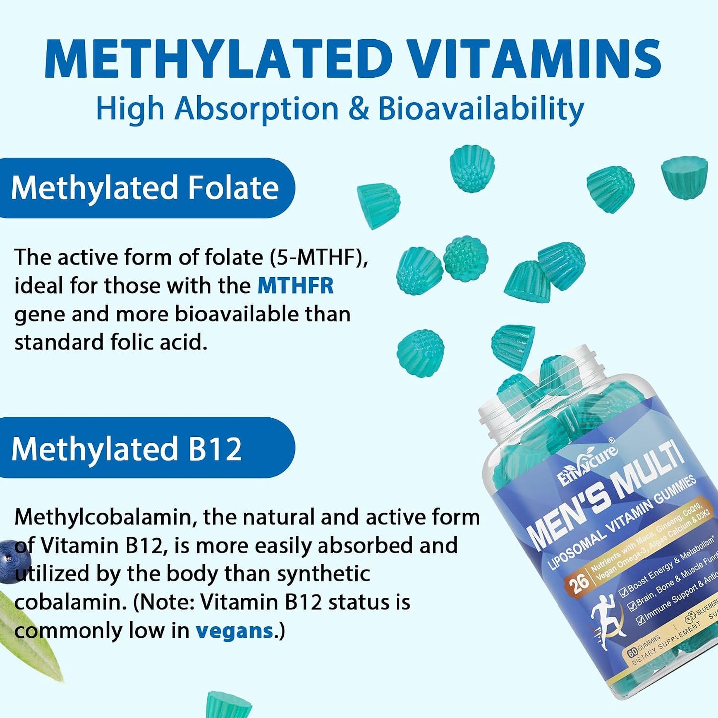 Methylated Multivitamin for Men Gummies | Vegan Omega-3, CoQ10, Zinc | Liposomal | Sugar Free | 120 Gummies - görsel 4