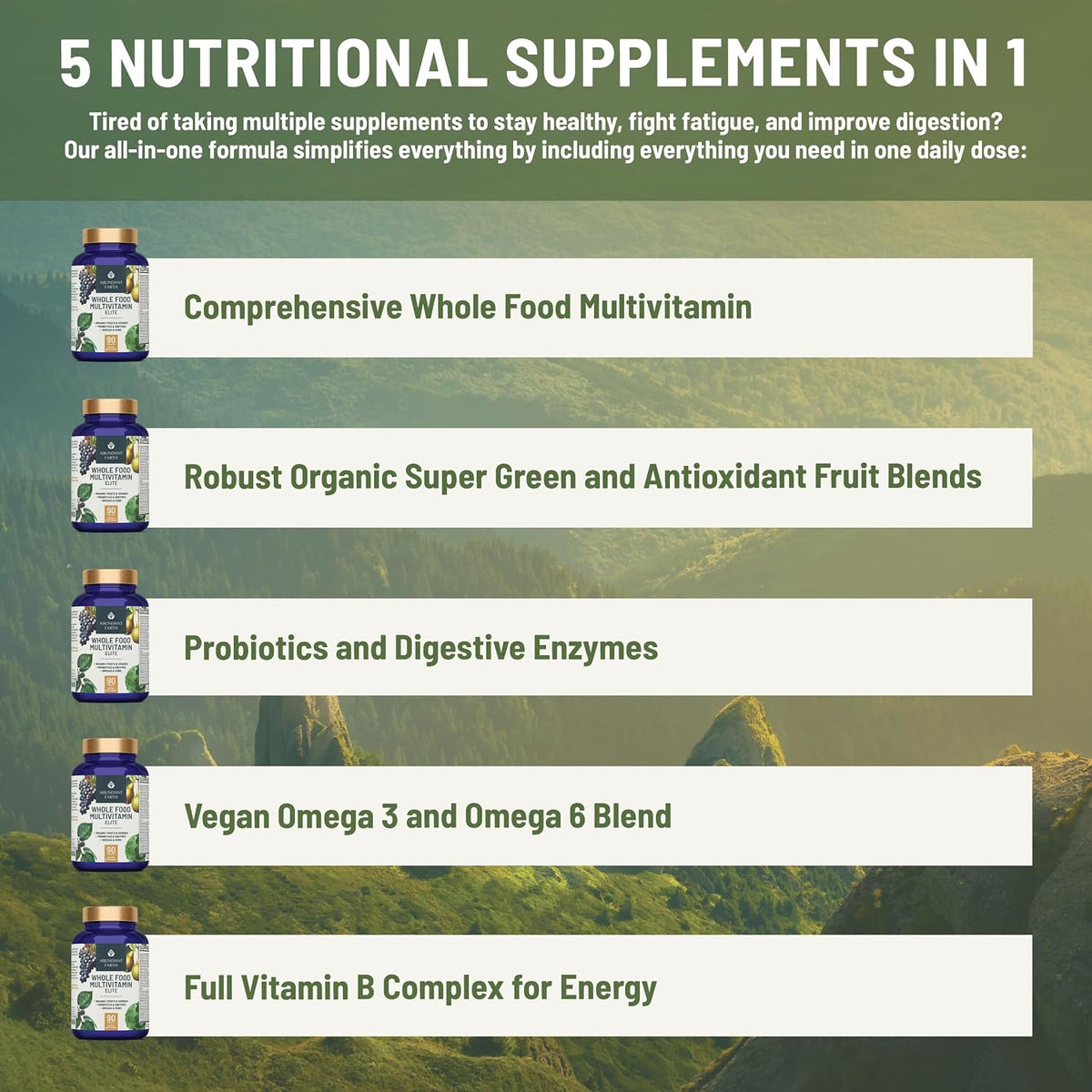 Abundant Earth Whole Food Multivitamin for Women and Men – Daily Multivitamin with B Complex, Probiotics, Digestive Enzymes and Omegas, 90 Capsules - görsel 4