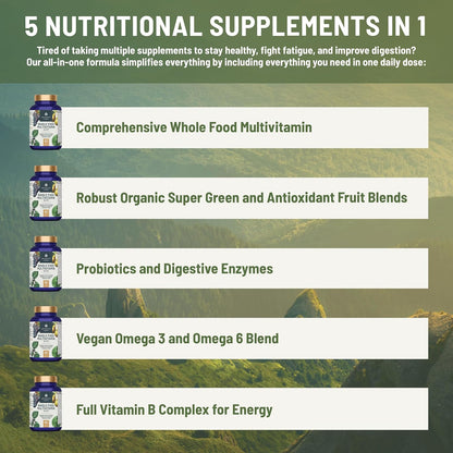 Abundant Earth Whole Food Multivitamin for Women and Men – Daily Multivitamin with B Complex, Probiotics, Digestive Enzymes and Omegas, 90 Capsules