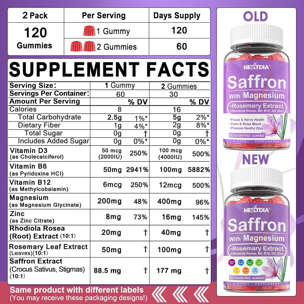 Happy Saffron Gummies – 4 Months Supply – Saffron Extract 177mg, Magnesium Glycinate 200mg, Rhodiola, Rosemary, Vitamin D, B6, B12 for Restfulness, Mood, Calm, Focus – Sugar-Free - görsel 2