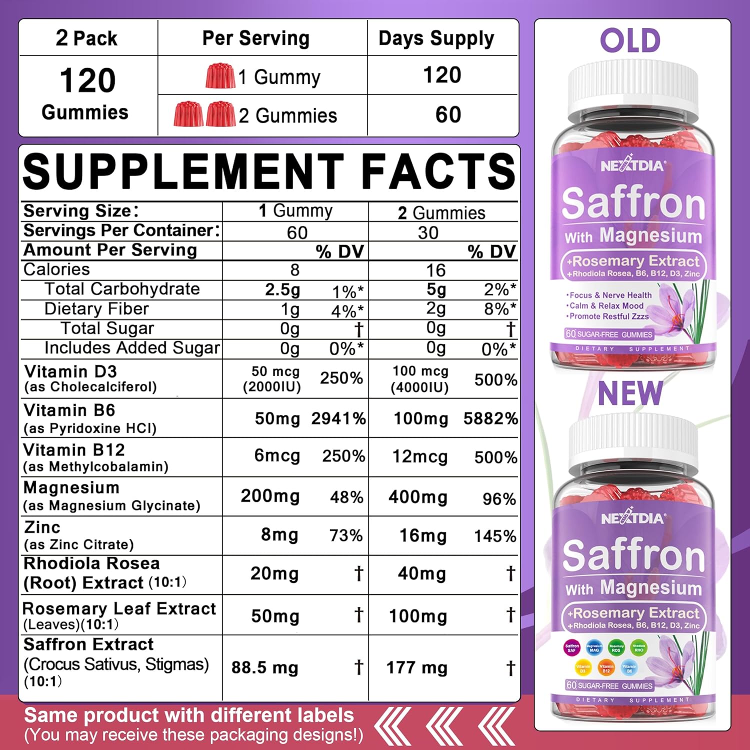 Happy Saffron Gummies – 4 Months Supply – Saffron Extract 177mg, Magnesium Glycinate 200mg, Rhodiola, Rosemary, Vitamin D, B6, B12 for Restfulness, Mood, Calm, Focus – Sugar-Free - görsel 2